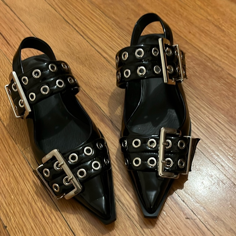 Jeffrey Campbell black patent slingback flats